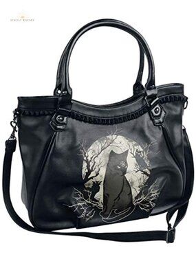 Gothic Black Cat Crossbody Handbag Alternative Purse Detachable Strap
